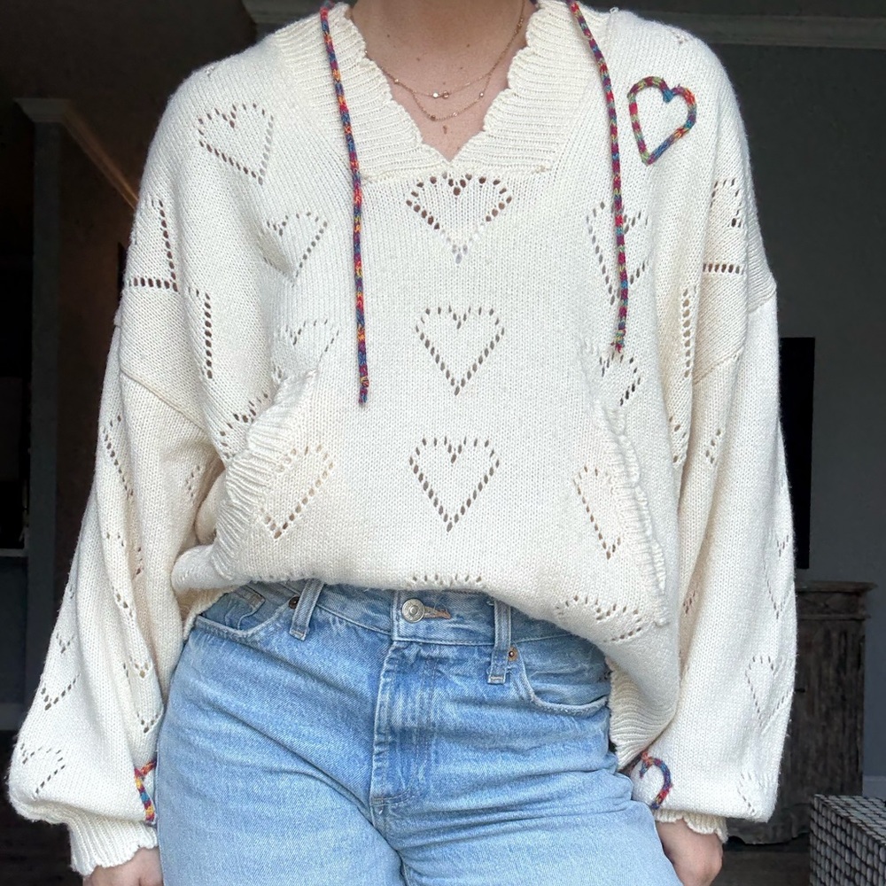 Cream V-Neck Sweater with Heart Pattern